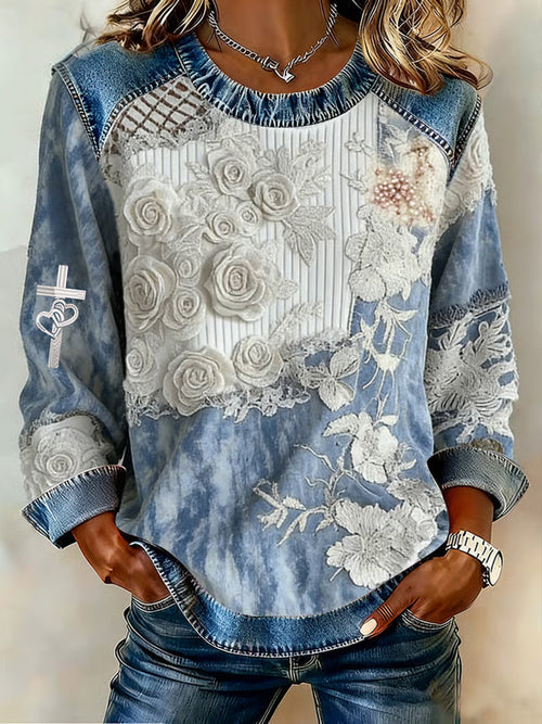 Women's Valentine's Day Retro Flower Cross Love Print Denim Patchwork Top