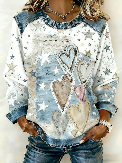 Women's Valentine's Day Retro Love Heart  Print Denim Patchwork Top