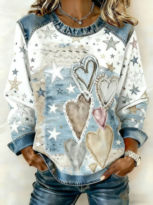 Women's Valentine's Day Retro Love Heart  Print Denim Patchwork Top