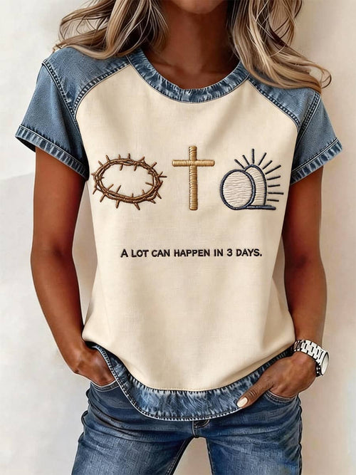 Women's A Lot Can Happen in 3 Days Embroidery Pattern Denim Patchwork Top