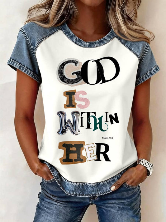 Women's God is Within Her Print Denim Patchwork Top