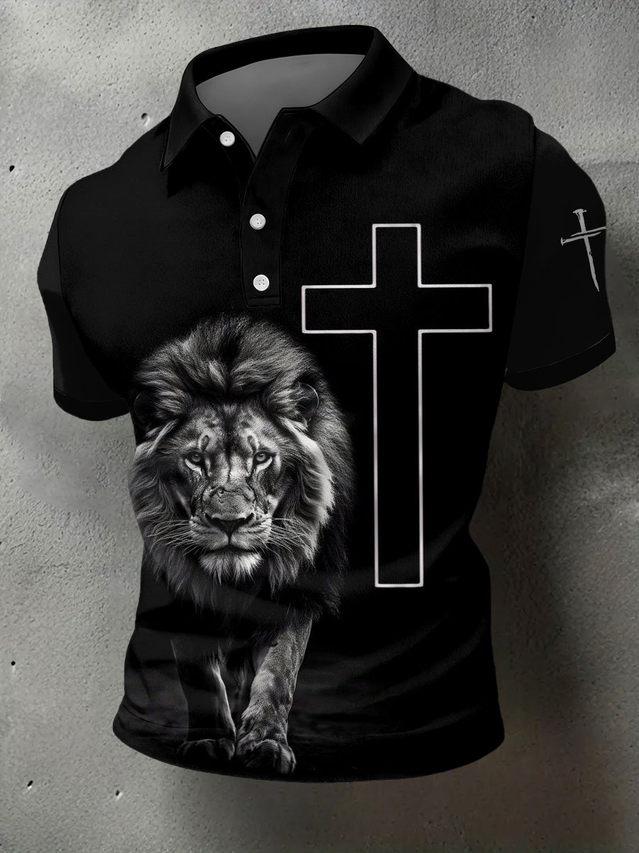 Men's Christian Cross Lion Print Casual Polo
