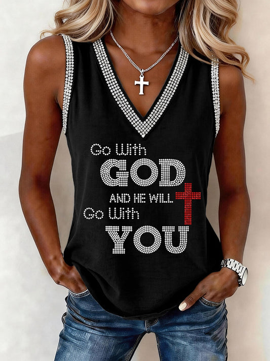 Women's Go With God And He Will Go With You Rhinestone Pattern V-Neck Tank Top