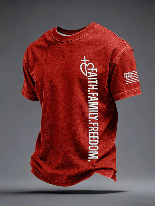 Men's Faith Family Freedom Embroidery Pattern T-Shirt