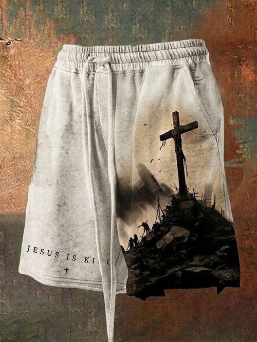 Men's Faith Cross Jesus Is King Printed Shorts
