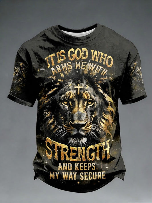 Men's It Is God Who Arms Me With Strength Lion Printed T-shirt