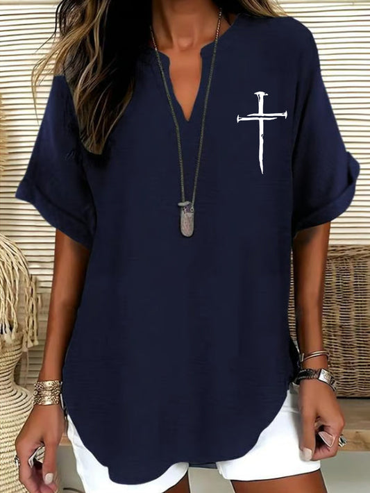 Women's Cross Print Casual Solid-Color V-Neck Short-Sleeve Shirt