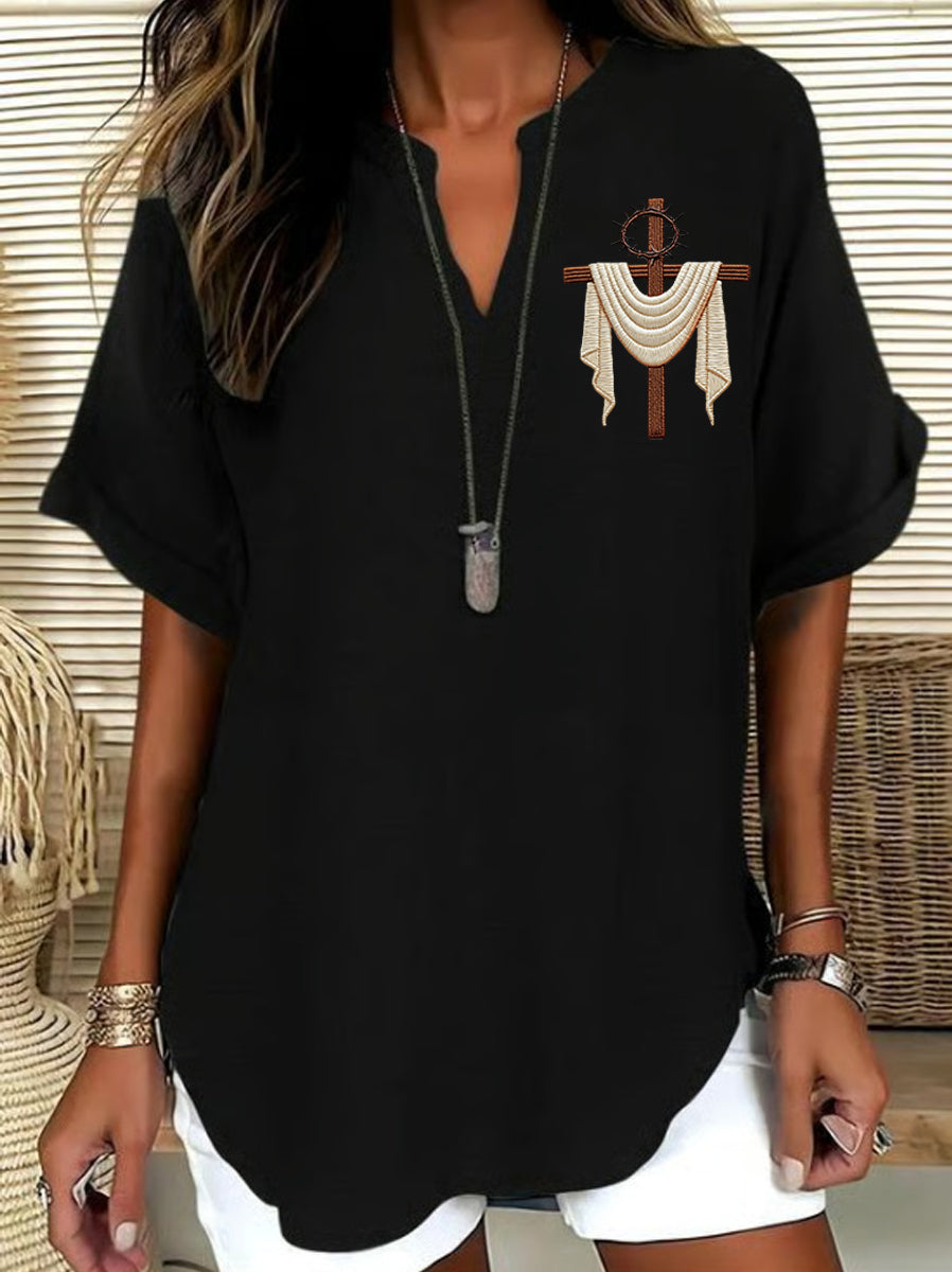 Women's Christian Cross Print Casual Solid-Color V-Neck Short-Sleeve Shirt