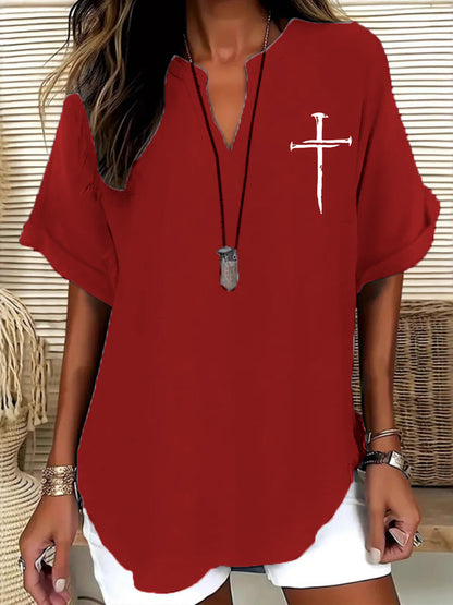 Women's Cross Print Casual Solid-Color V-Neck Short-Sleeve Shirt