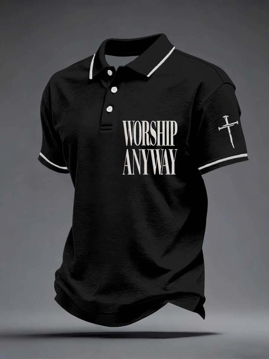 Men's Worship Anyway Embroidery Pattern Polo Shirt