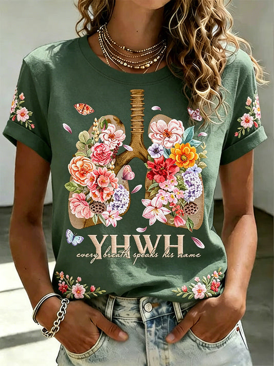 Women's Floral Faith Jesus Lover YHWH Printed T-Shirt