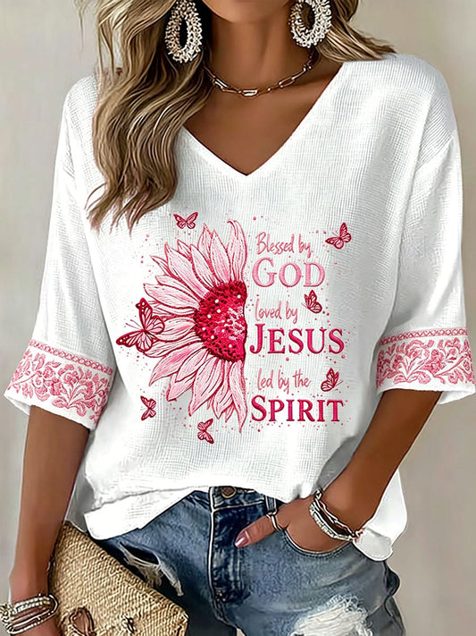 Women's Blessed By God Loved By Jesus Led By The Spirit Waffle Print Casual T-Shirt