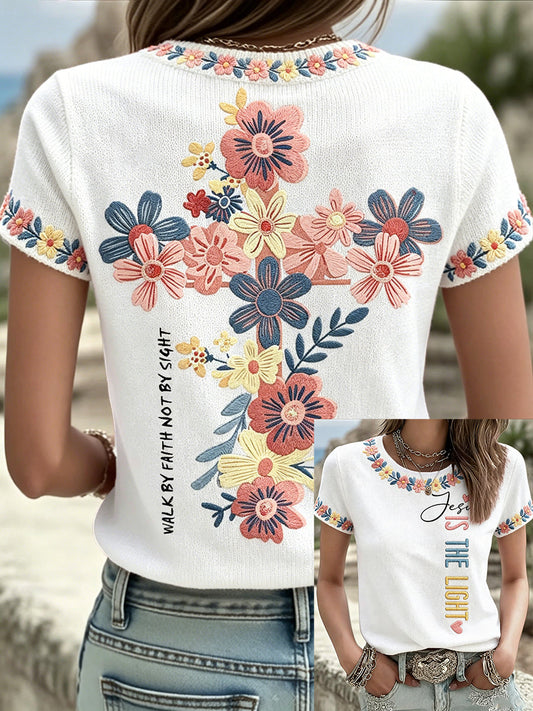 Women's Floral Faith Jesus Lover Printed T-Shirt