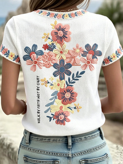 Women's Floral Faith Jesus Lover Printed T-Shirt