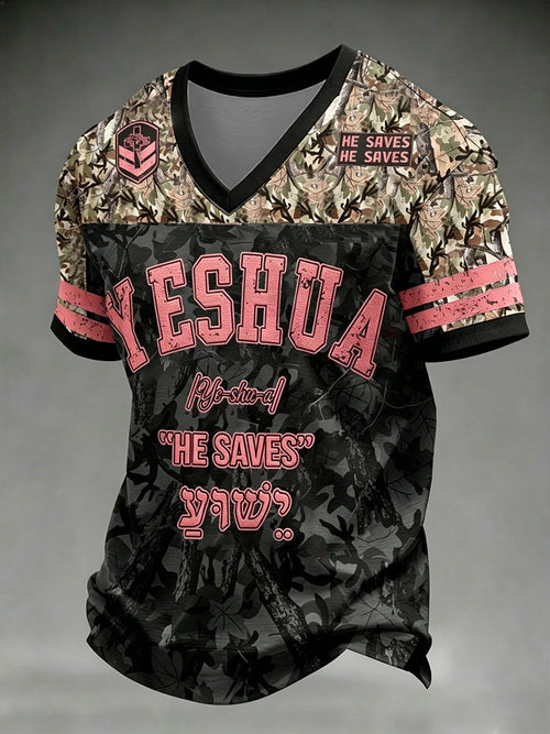 Men's Christian Yeshua He Saves Cross V-neck T-shirt
