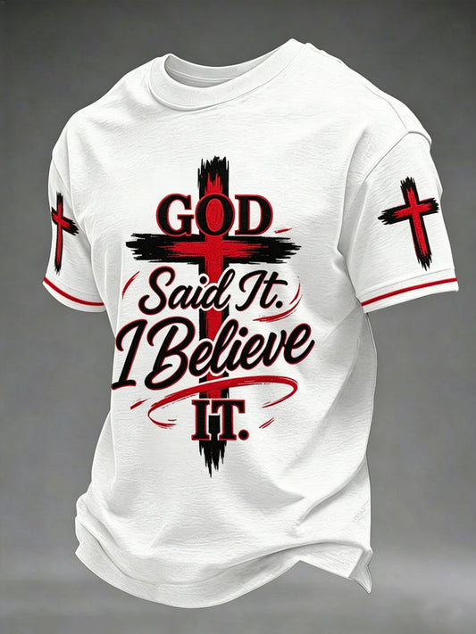 Men's God Said It I Believe It Cross Print Casual Tee