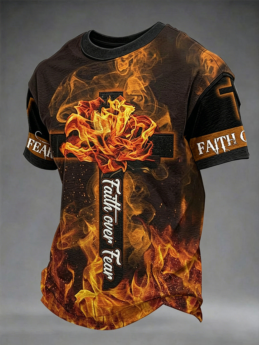 Men's Christian Cross Faith Over Fear Print Short Sleeve T-shirt