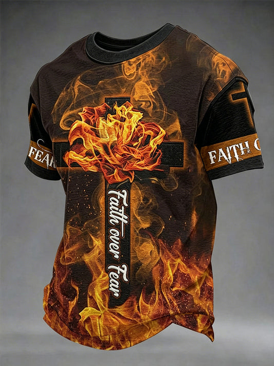Men's Christian Cross Faith Over Fear Print Short Sleeve T-shirt