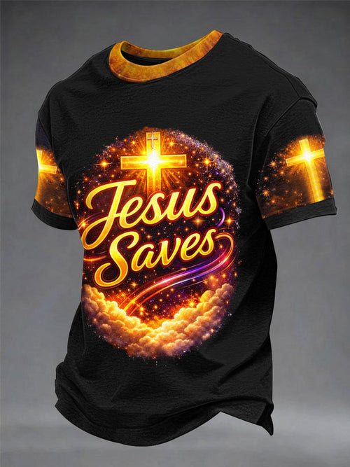 Men's Christian Cross Jesus Saves Print Short Sleeve T-shirt