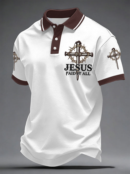 Men's Jesus Paid It All Cross Print Casual Polo