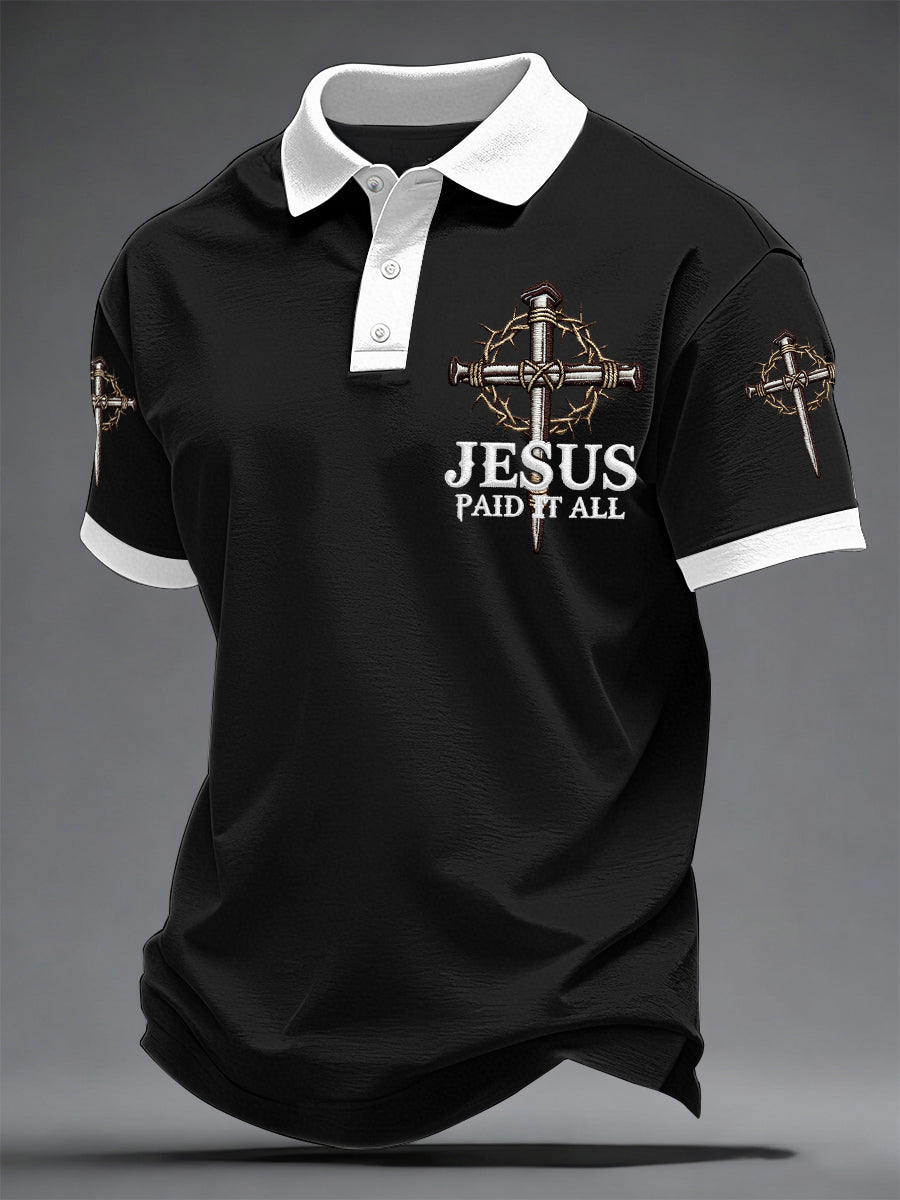 Men's Jesus Paid It All Cross Print Casual Polo