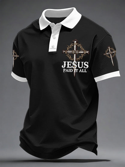 Men's Jesus Paid It All Cross Print Casual Polo