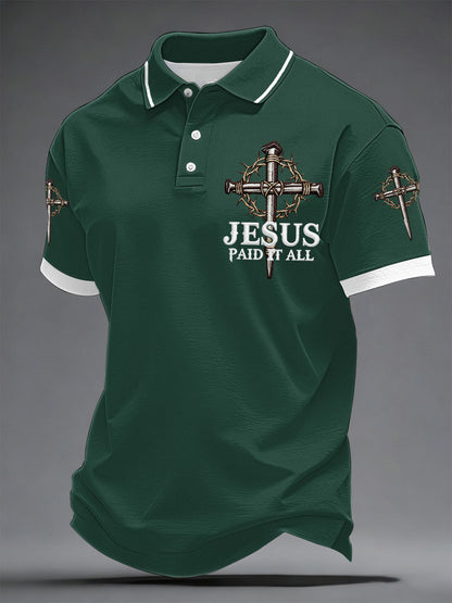 Men's Jesus Paid It All Cross Print Casual Polo