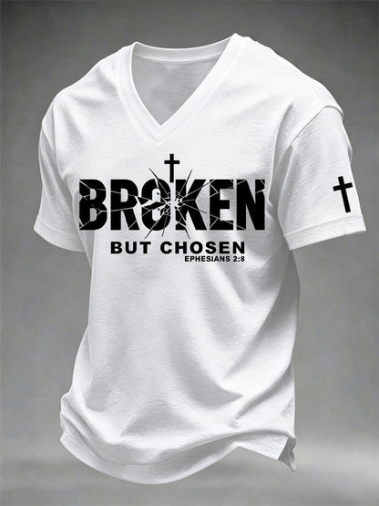 Men's Christian Cross Broken But Chosen Print V-Neck Tee
