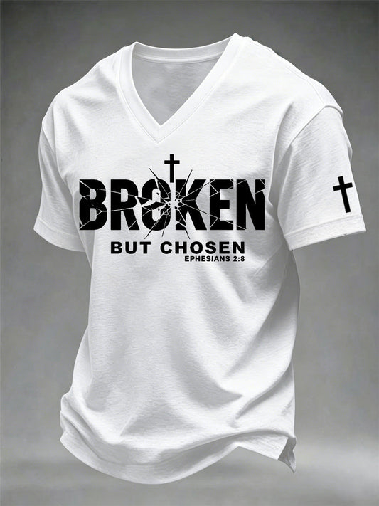 Men's Christian Cross Broken But Chosen Print V-Neck Tee