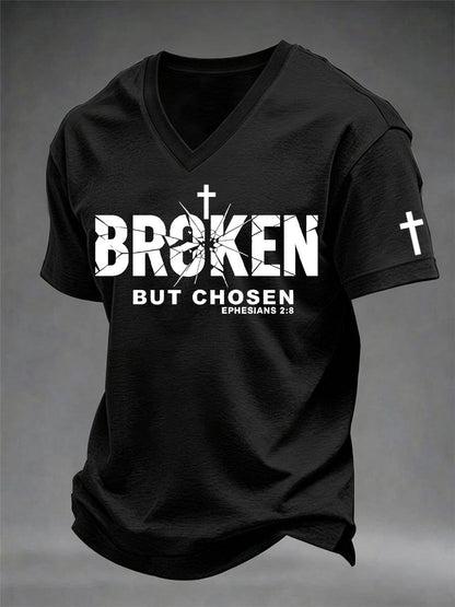 Men's Christian Cross Broken But Chosen Print V-Neck Tee