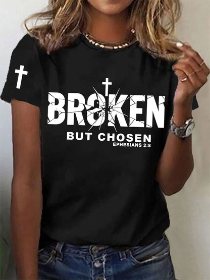 Women's Christian Cross Broken But Chosen Print Tee