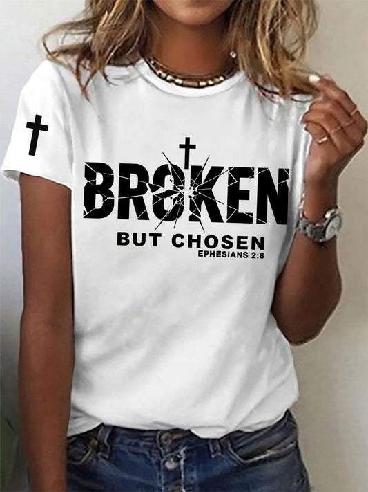 Women's Christian Cross Broken But Chosen Print Tee