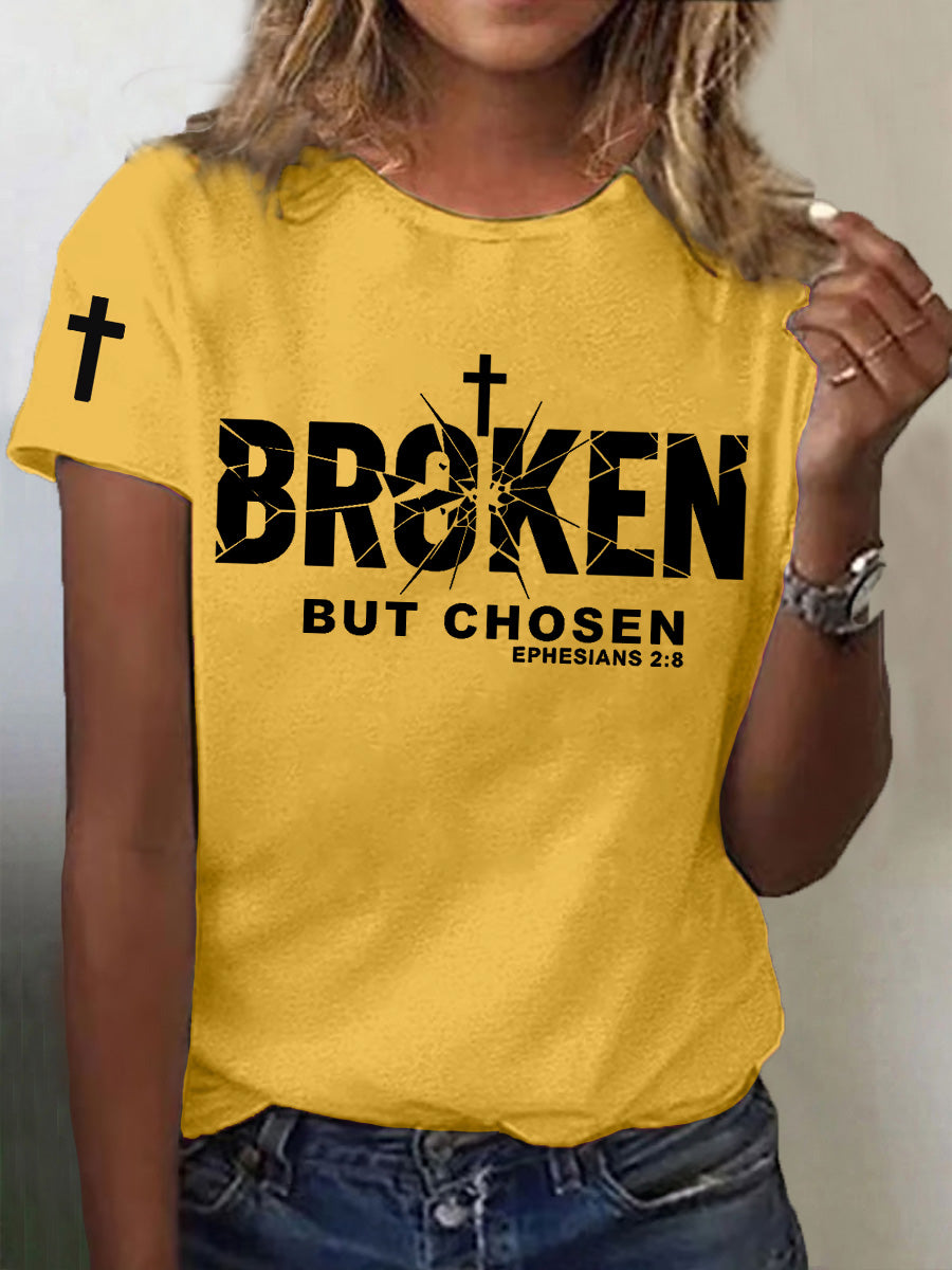 Women's Christian Cross Broken But Chosen Print Tee