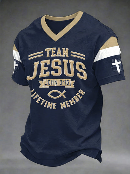 Men's Team Jesus Lifetime Member Print Casual V-Neck Tee