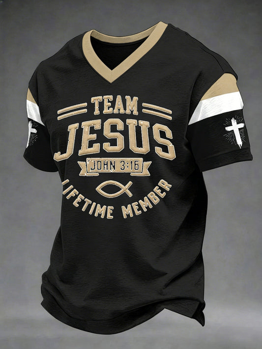 Men's Team Jesus Lifetime Member Print Casual V-Neck Tee