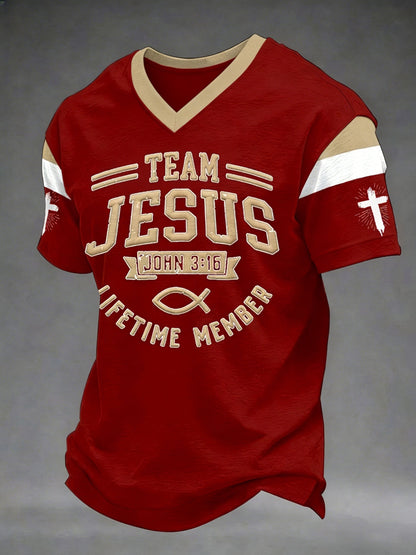 Men's Team Jesus Lifetime Member Print Casual V-Neck Tee