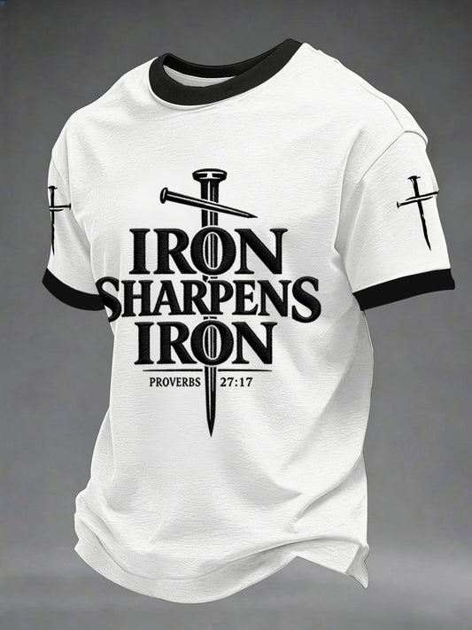 Men's Iron Sharpens Iron Proverbs 27:17 Christian Cross Print Casual Tee