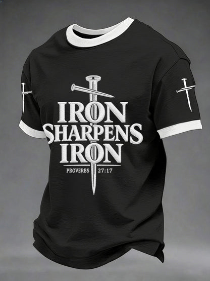 Men's Iron Sharpens Iron Proverbs 27:17 Christian Cross Print Casual Tee