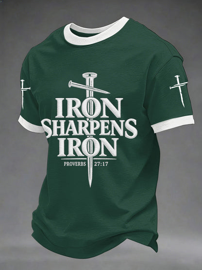 Men's Iron Sharpens Iron Proverbs 27:17 Christian Cross Print Casual Tee
