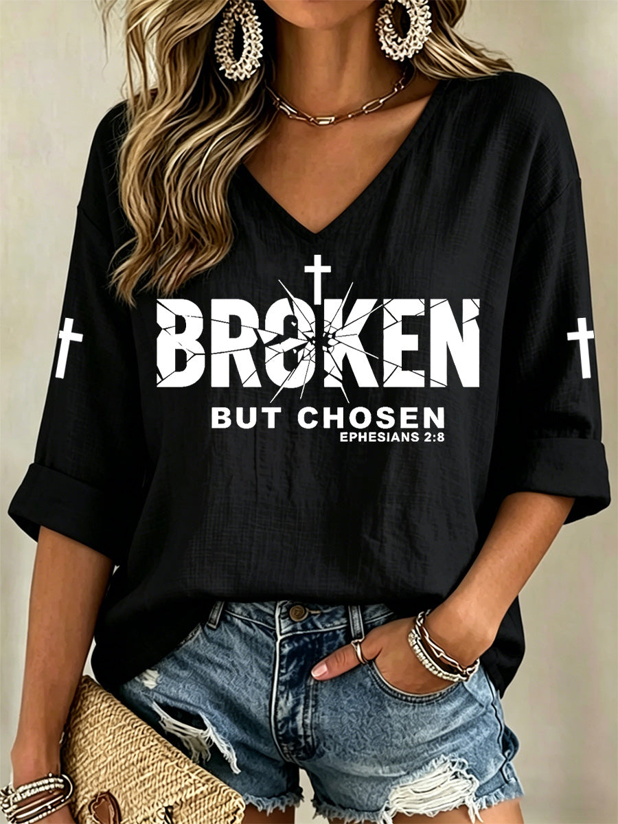 Women's Christian Cross Broken But Chosen Print V-Neck Top