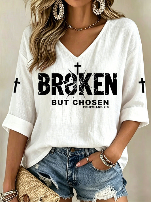 Women's Christian Cross Broken But Chosen Print V-Neck Top