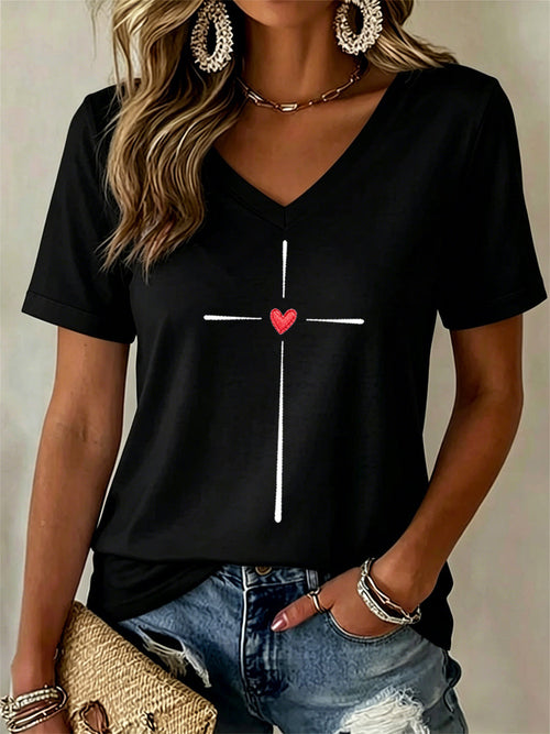 Women's Christian Cross Print V-Neck Tee