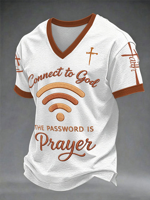 Men's "Connect To God,The Password IS Prayer" Print Casual V-neck T-shirt