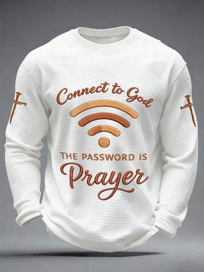 Men's "Connect To God,The Password IS Prayer" Print Casual Waffle Long Sleeve T-Shirt