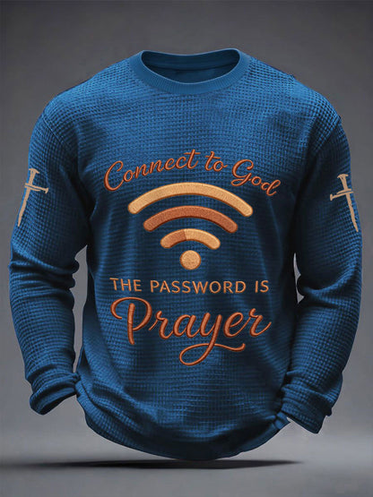 Men's "Connect To God,The Password IS Prayer" Print Casual Waffle Long Sleeve T-Shirt