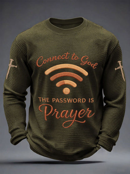 Men's "Connect To God,The Password IS Prayer" Print Casual Waffle Long Sleeve T-Shirt