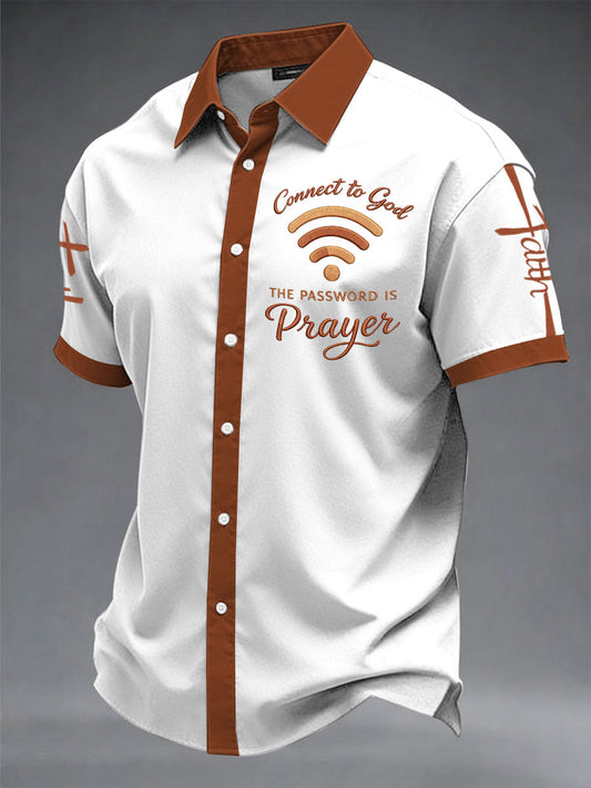 Men's "Connect To God,The Password IS Prayer" Print Casual Short Sleeve Shirt