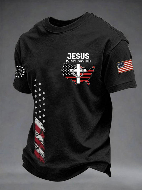 Men's Jesus Is My Savior USA Flag Print Casual Independence Day Patriotic Tee