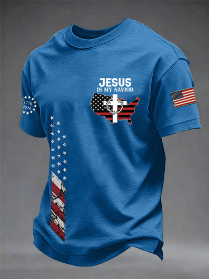 Men's Jesus Is My Savior USA Flag Print Casual Independence Day Patriotic Tee