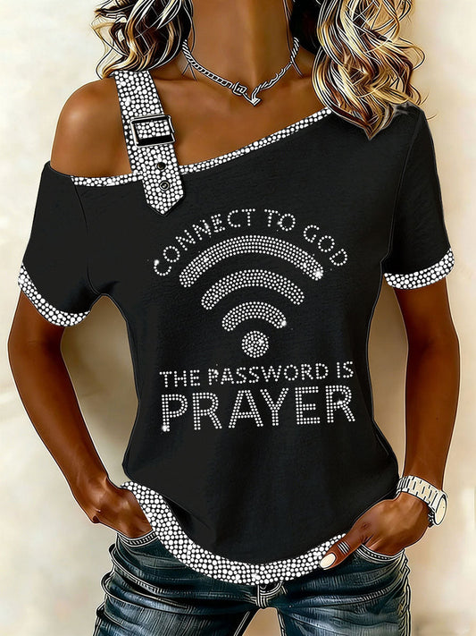 Women's "Connect To God,The Password IS Prayer" Off-the-Shoulder Short-Sleeve T-Shirt